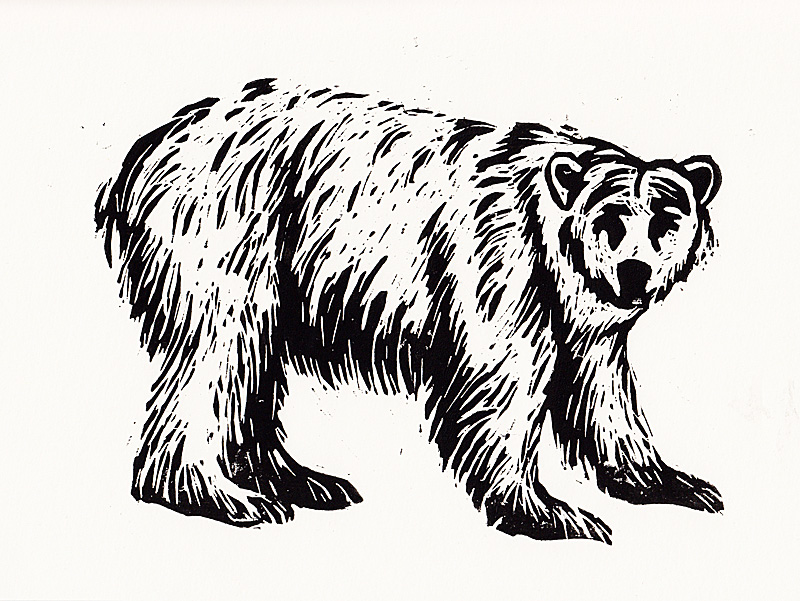 woodblock print of a black polar bear