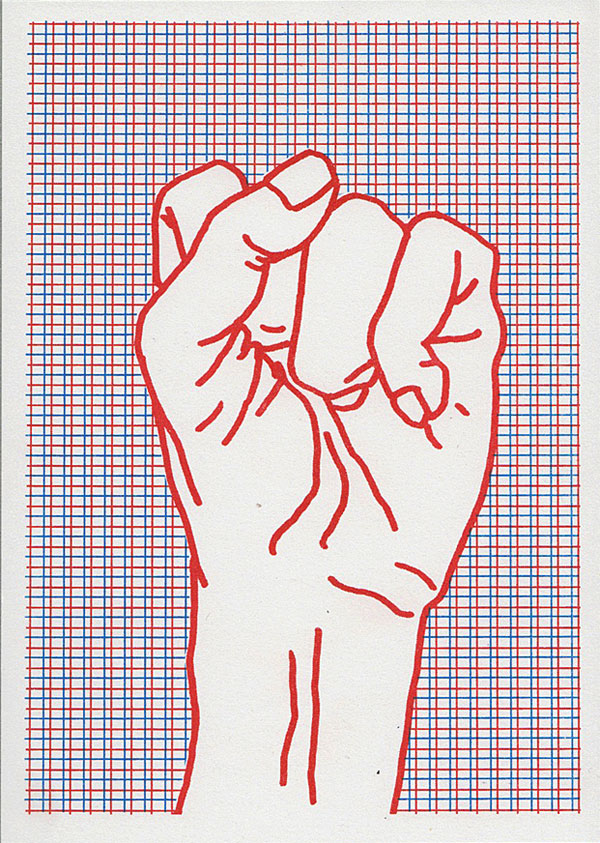 Riso print of a fist in blue and red