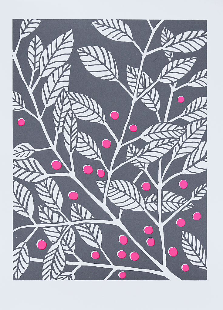 silkscreen print of a plant with neon pink berries on grey background