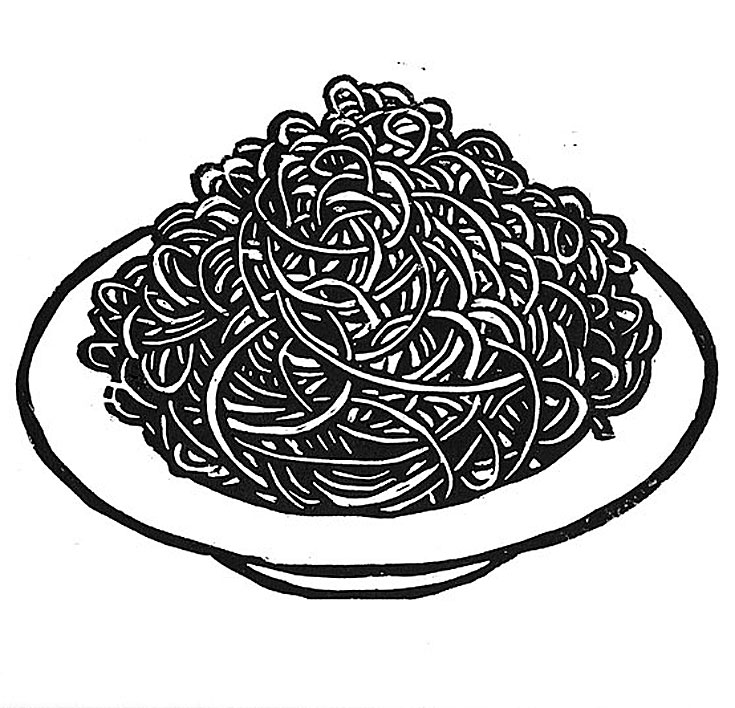 woodblock print black and white of a plate full of spaghetti