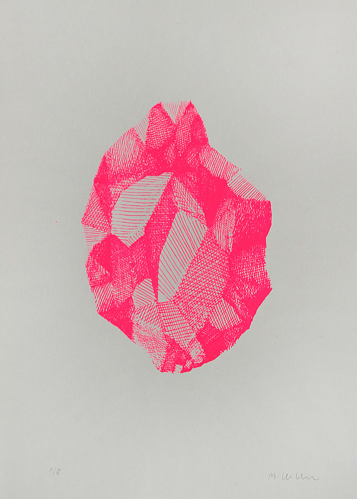 silkscreen print of a drawing of a gemstone in neon pink