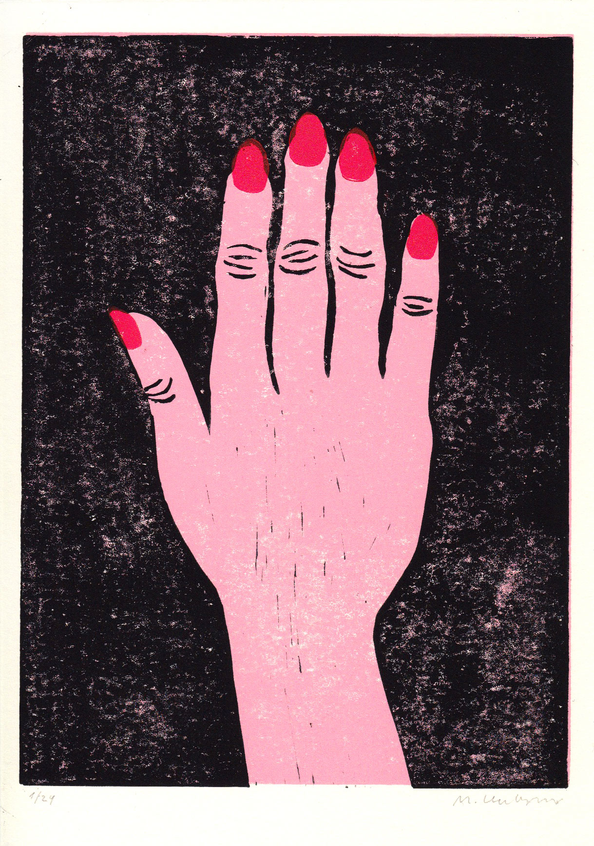 Red Nails Handprinted Linocut Art Poster Limited Edition By Tonicprints