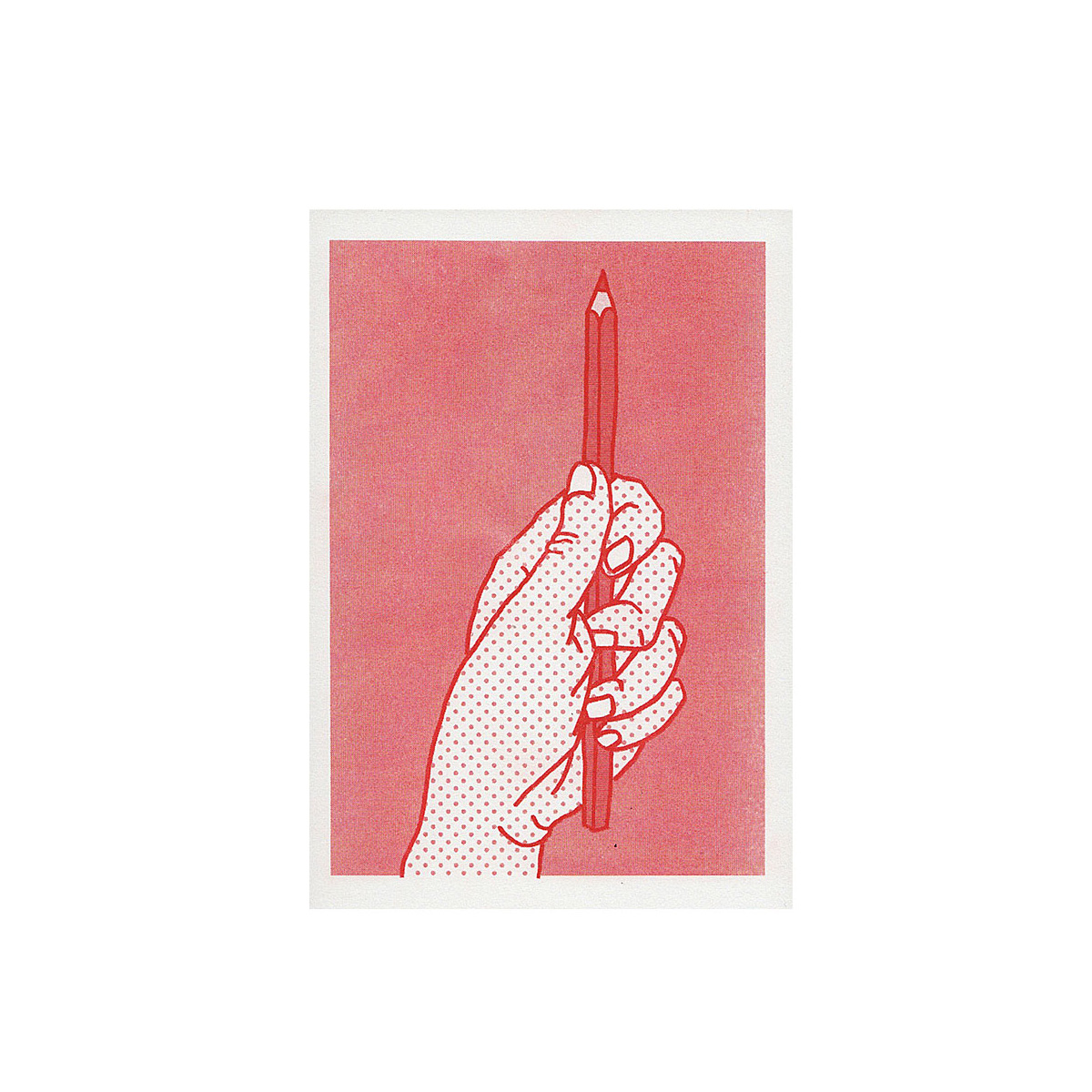 red riso print of a hand holding a pencil