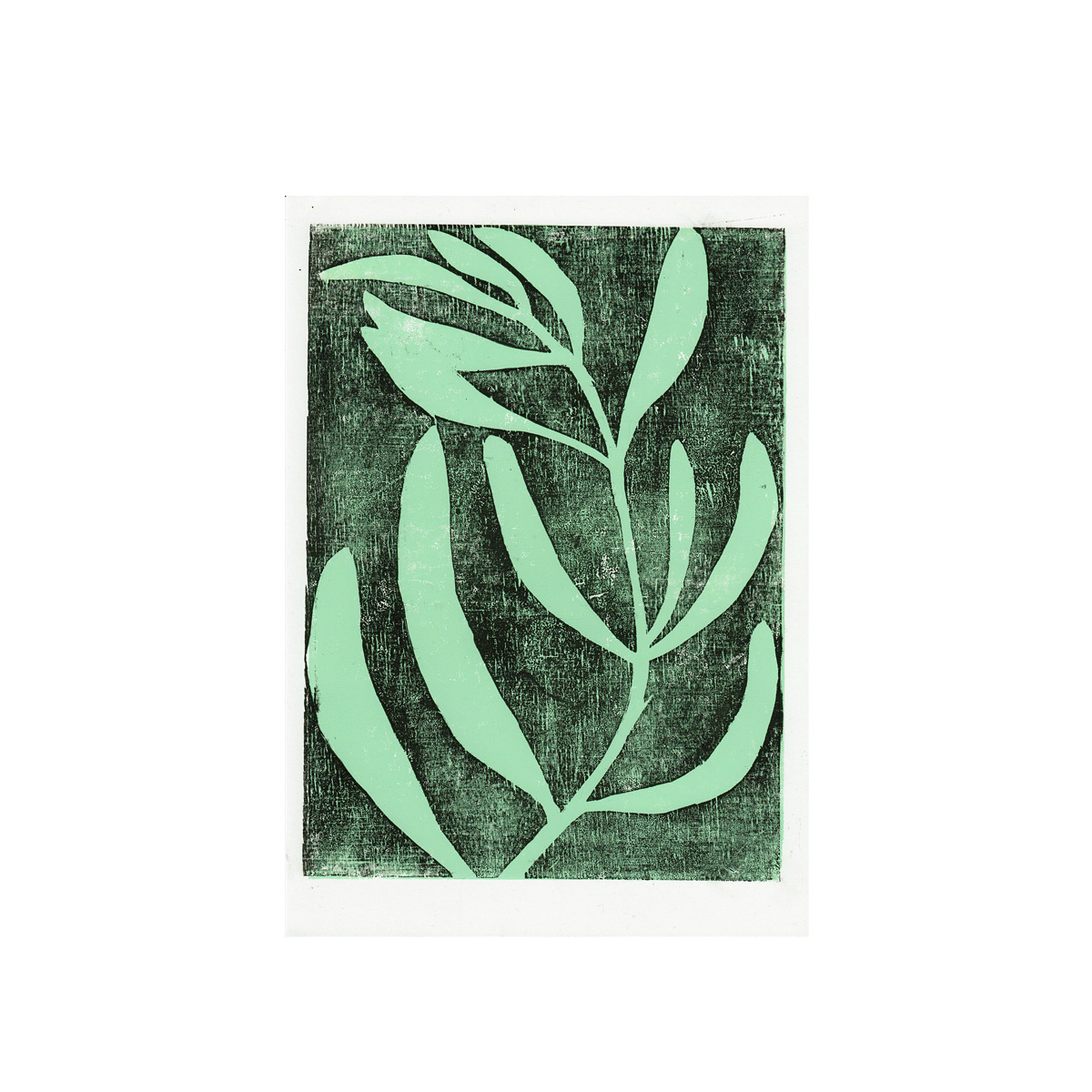 mint and black woodblock print of a plant