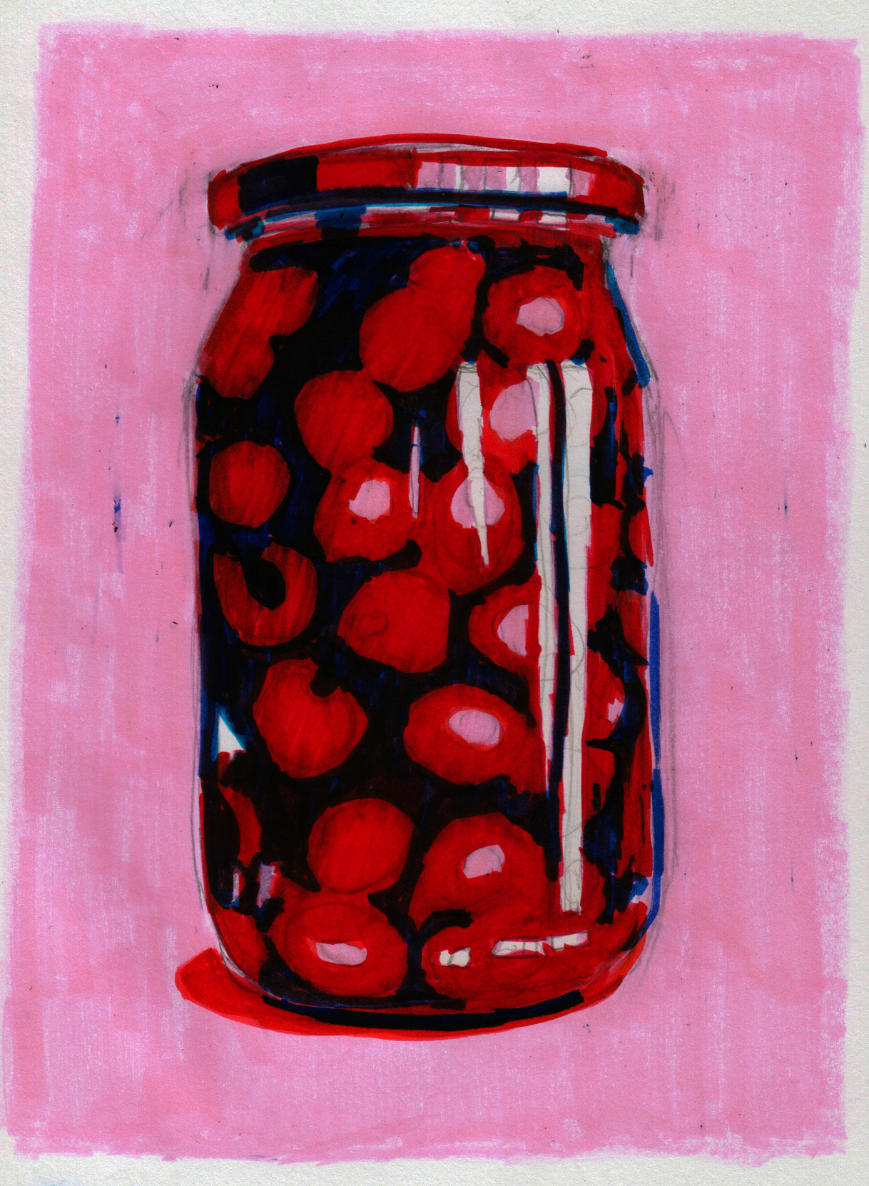 felt pen illustration of cherries in a jar