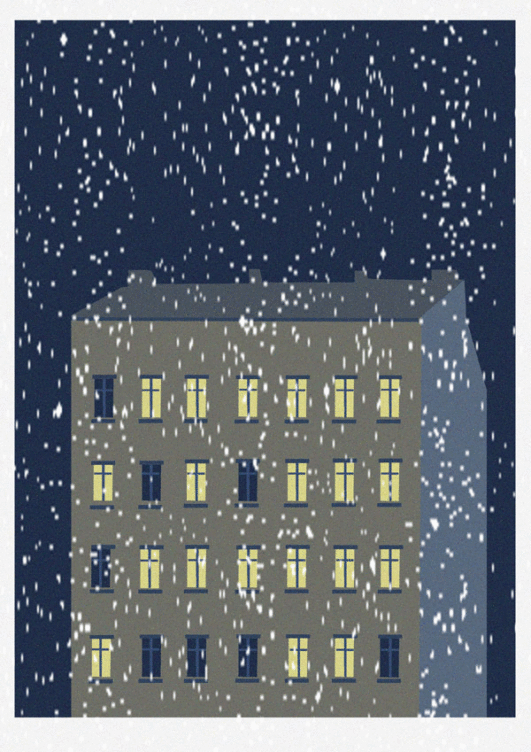 Gif animation heavy snowfall Berlin house at night